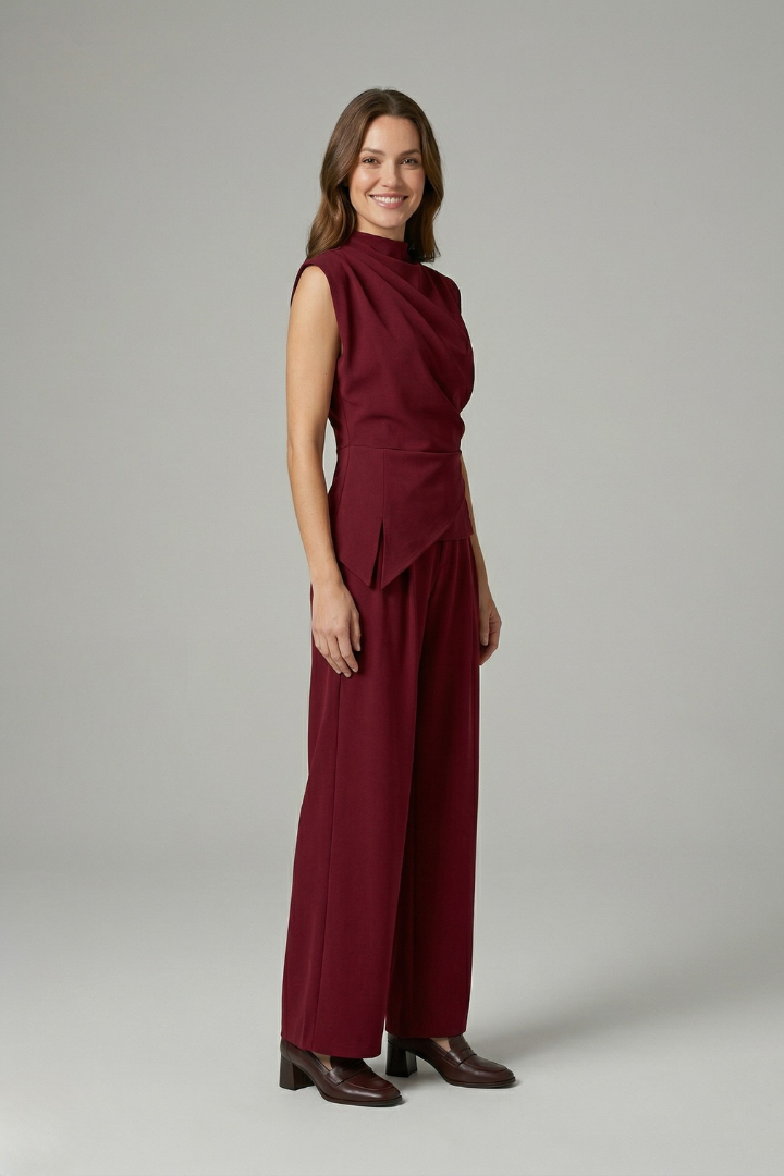 Celveth | Women's Two Piece Set Wide Leg Trousers - Burgundy - Image 4