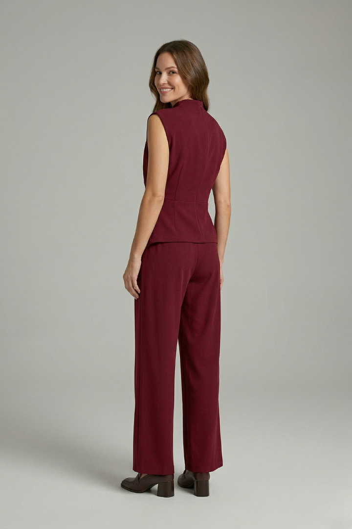 Celveth | Women's Two Piece Set Wide Leg Trousers - Burgundy - Image 5