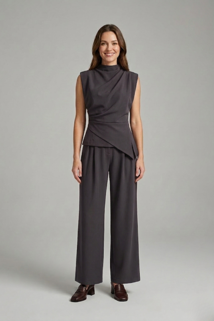 Celveth | Women's Two Piece Set Wide Leg Trousers - Burgundy - Image 6