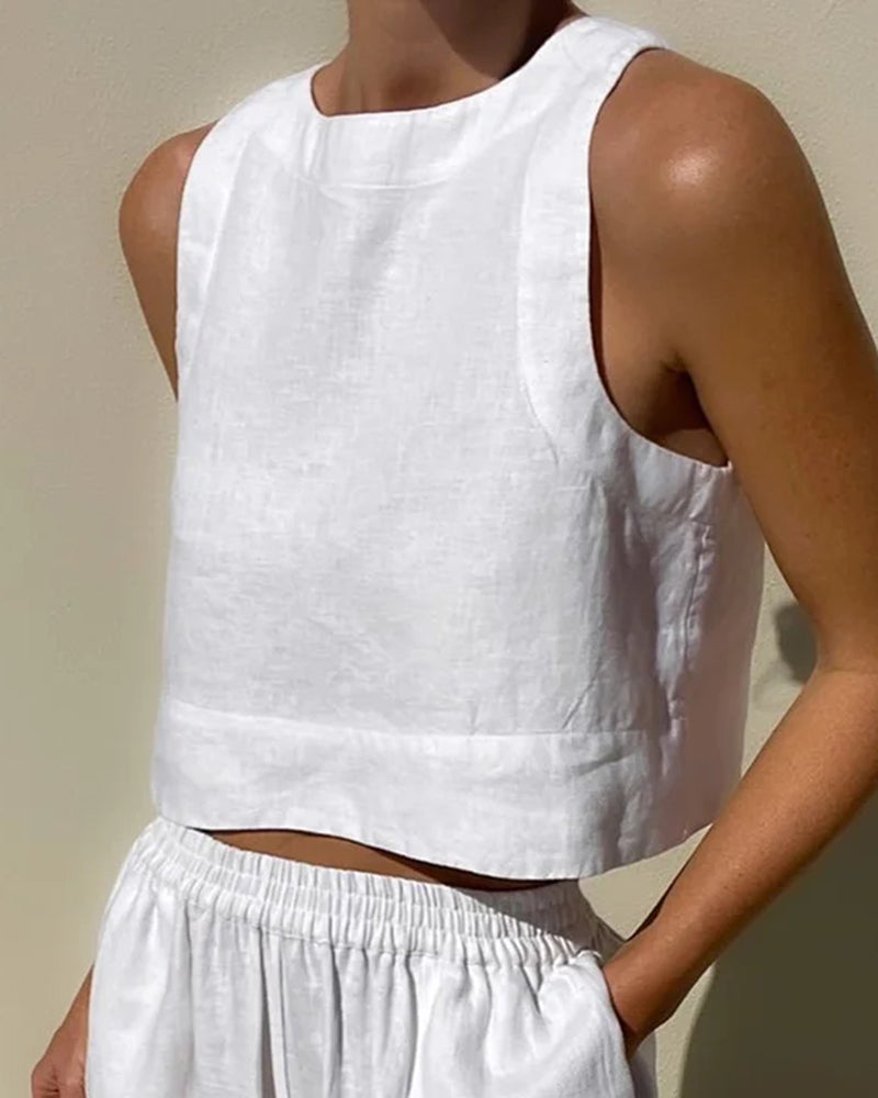 Fayenne | Women's Linen Two-Piece Set Sleeveless Tank Top & Wide-Leg Shorts
