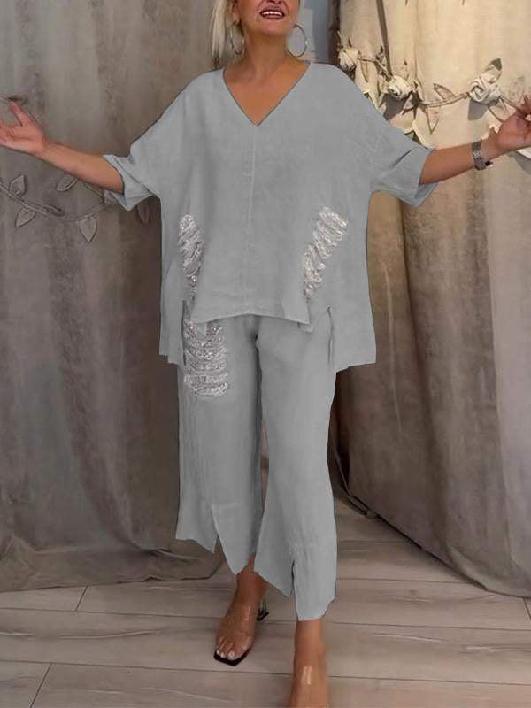 Cleo | Women's Two-Piece Set Wide Leg Pants V-Neck Top