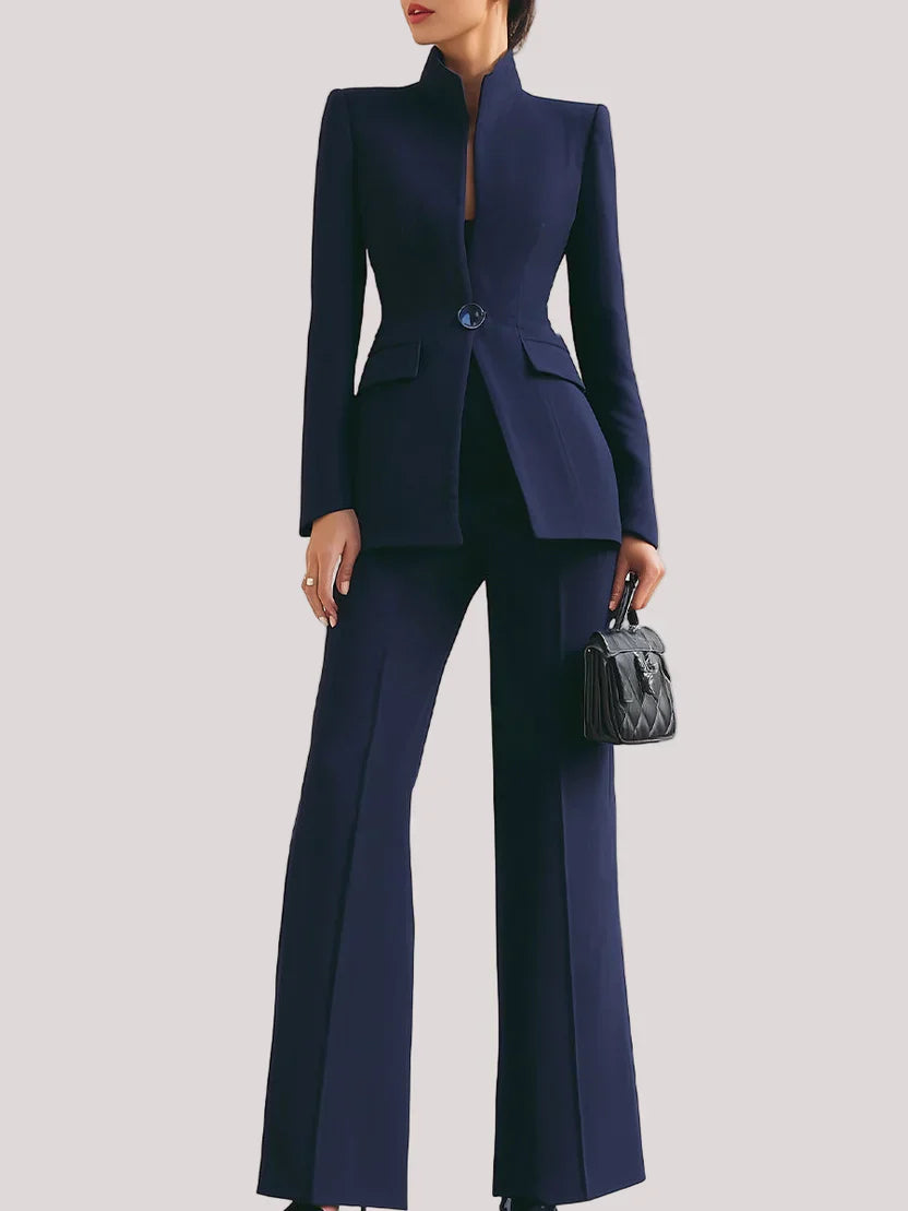 Clementine | Women's Longline Blazer Flare Trousers Set - Navy - Image 1