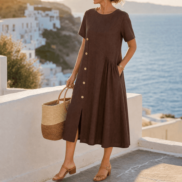 Clovaine | Women's Linen Midi Dress with Button Detail - Light Blue - Image 10