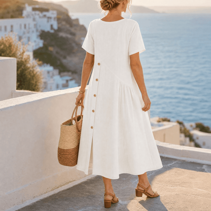 Clovaine | Women's Linen Midi Dress with Button Detail - Light Blue - Image 11