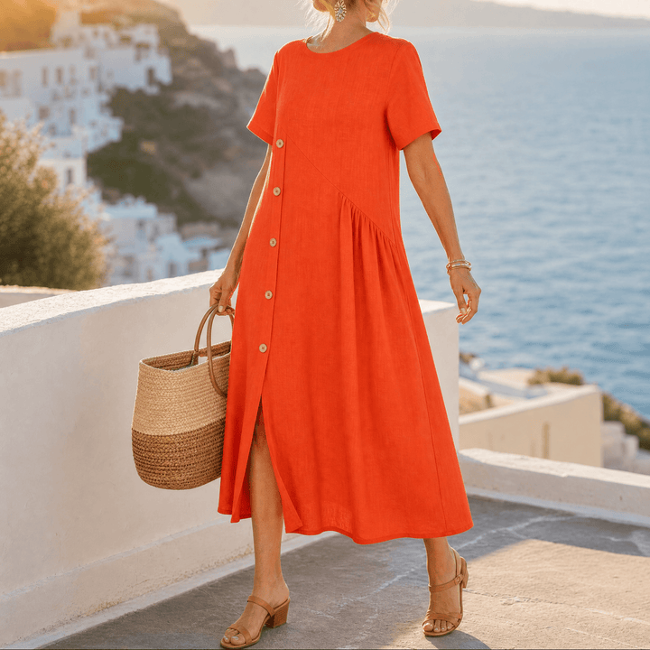 Clovaine | Women's Linen Midi Dress with Button Detail - Light Blue - Image 12
