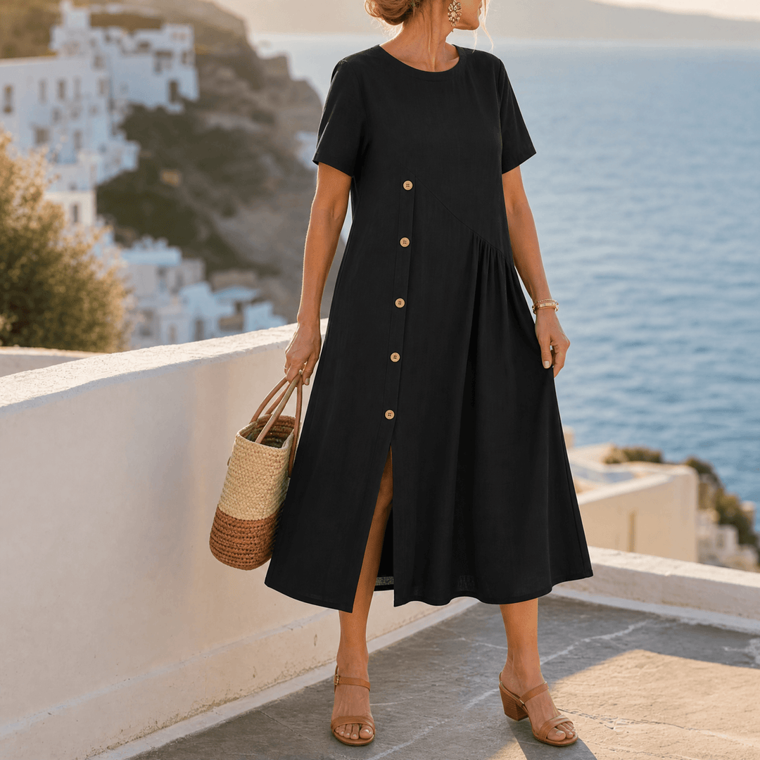 Clovaine | Women's Linen Midi Dress with Button Detail - Light Blue - Image 13