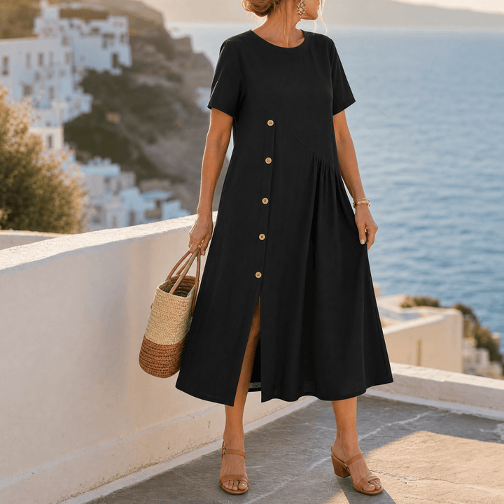 Clovaine | Women's Linen Midi Dress with Button Detail - Light Blue - Image 13