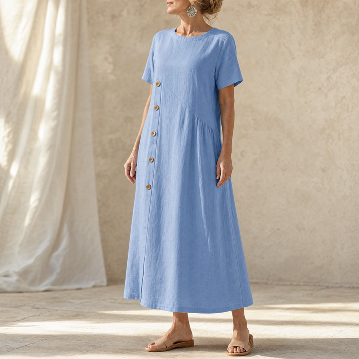 Clovaine | Women's Linen Midi Dress with Button Detail - Light Blue - Image 3