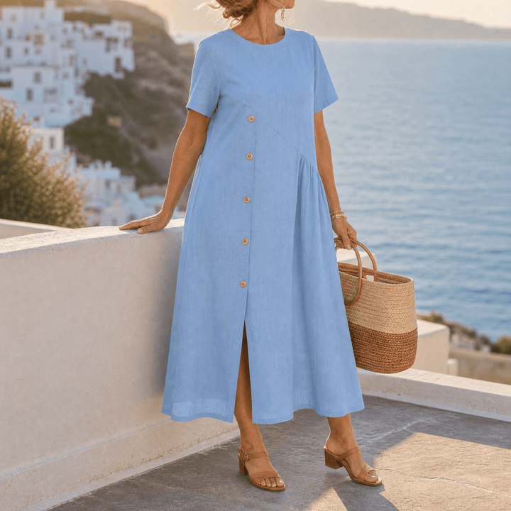 Clovaine | Women's Linen Midi Dress with Button Detail - Light Blue - Image 9