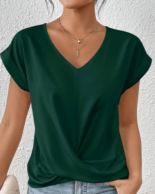 Clovelle | Women's V-Neck Twist Hem Short Sleeve Top - Dark Green - Image 1
