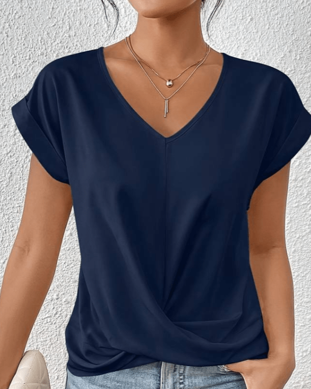 Clovelle | Women's V-Neck Twist Hem Short Sleeve Top - Dark Green - Image 2