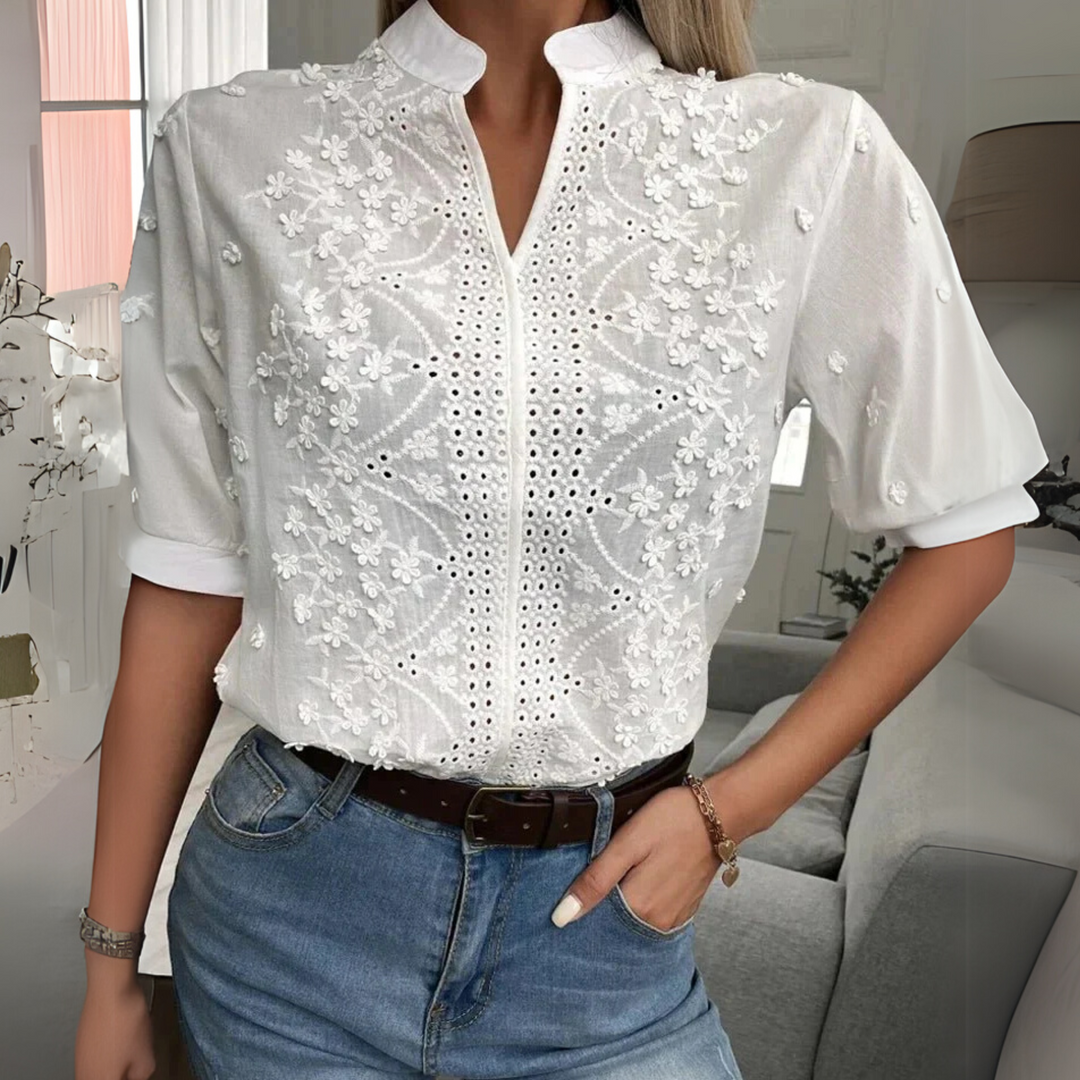 Clover | Women's Embroidered Short Sleeve Blouse - White - Image 1