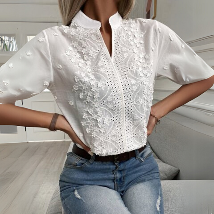 Clover | Women's Embroidered Short Sleeve Blouse - White - Image 2