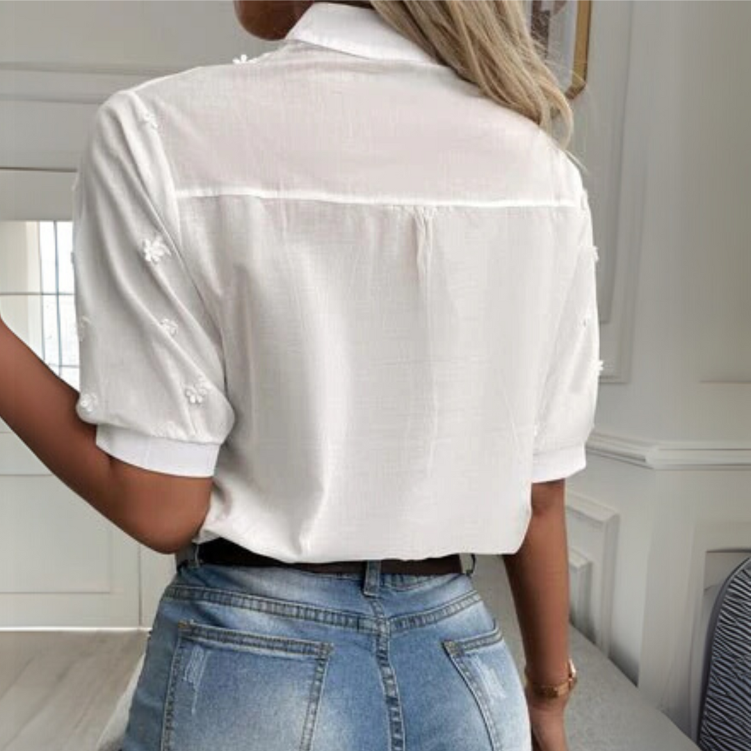 Clover | Women's Embroidered Short Sleeve Blouse - White - Image 3