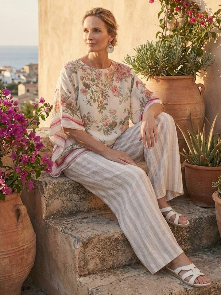 Alma | Women's Embroidered Two-Piece Set Wide Leg Pants Tunic Top