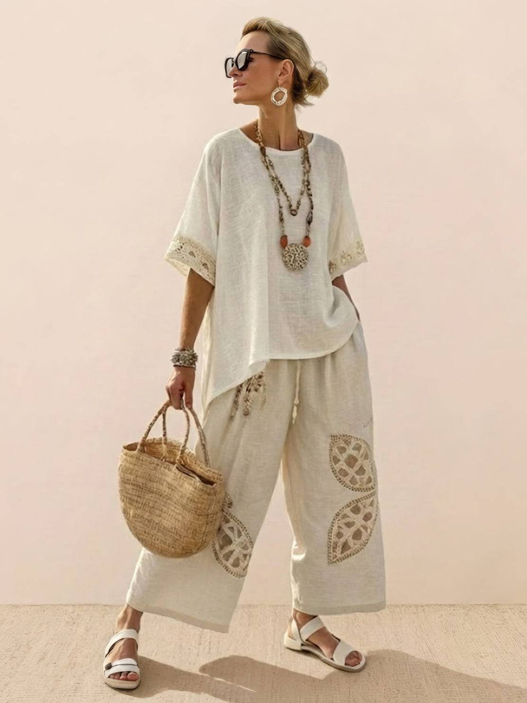 Alma | Women's Embroidered Two-Piece Set Wide Leg Pants Tunic Top