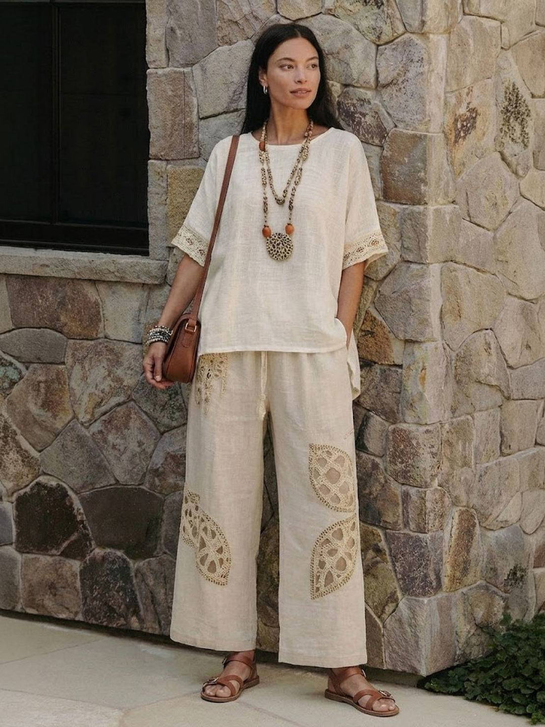 Alma | Women's Embroidered Two-Piece Set Wide Leg Pants Tunic Top