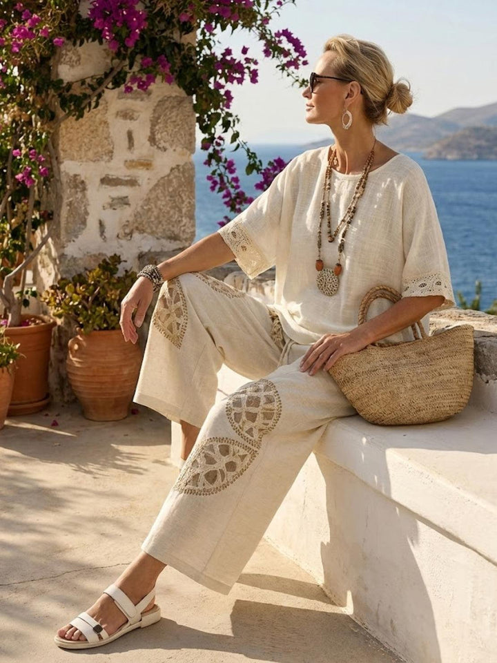 Alma | Women's Embroidered Two-Piece Set Wide Leg Pants Tunic Top