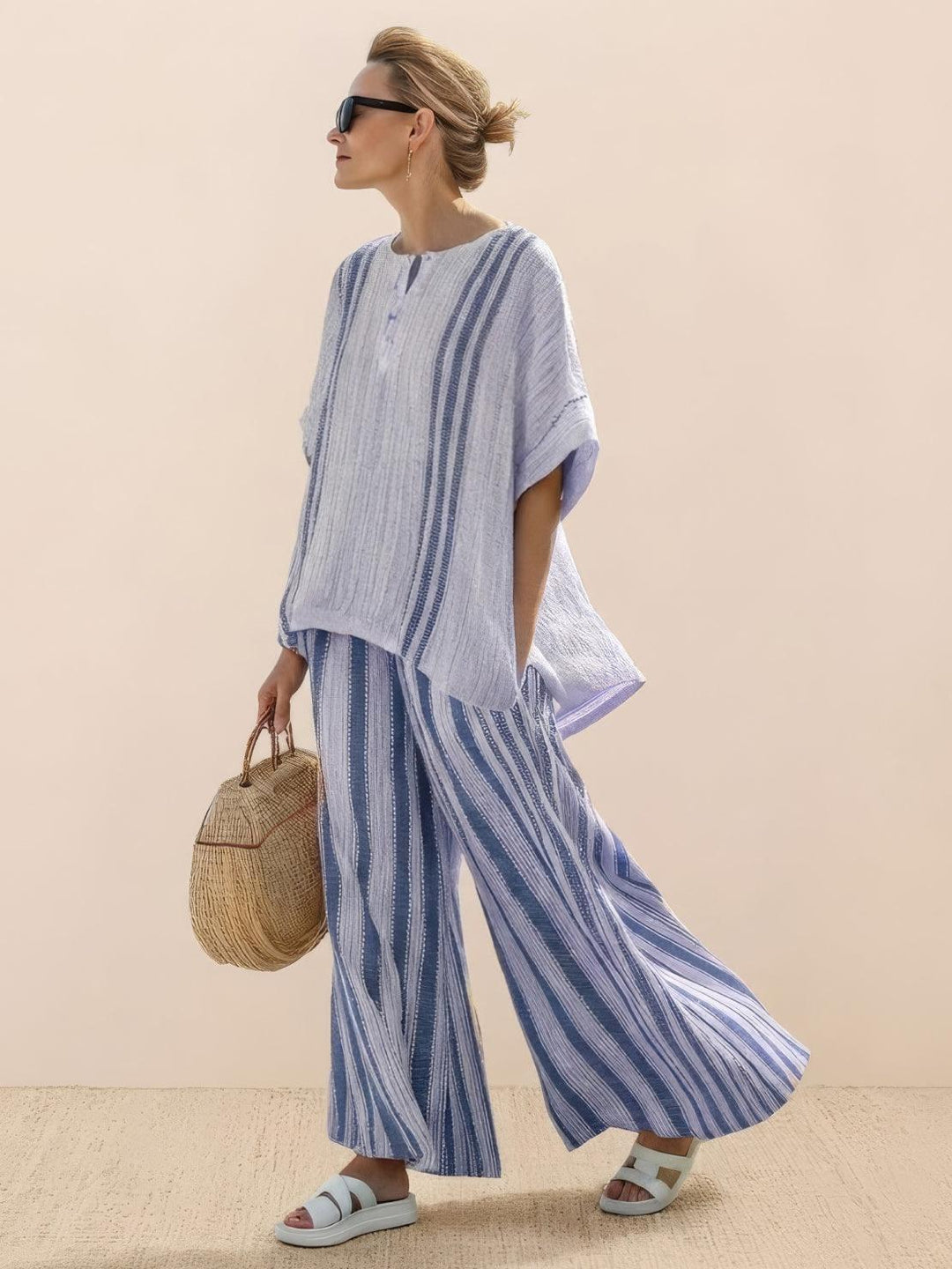 Alma | Women's Embroidered Two-Piece Set Wide Leg Pants Tunic Top
