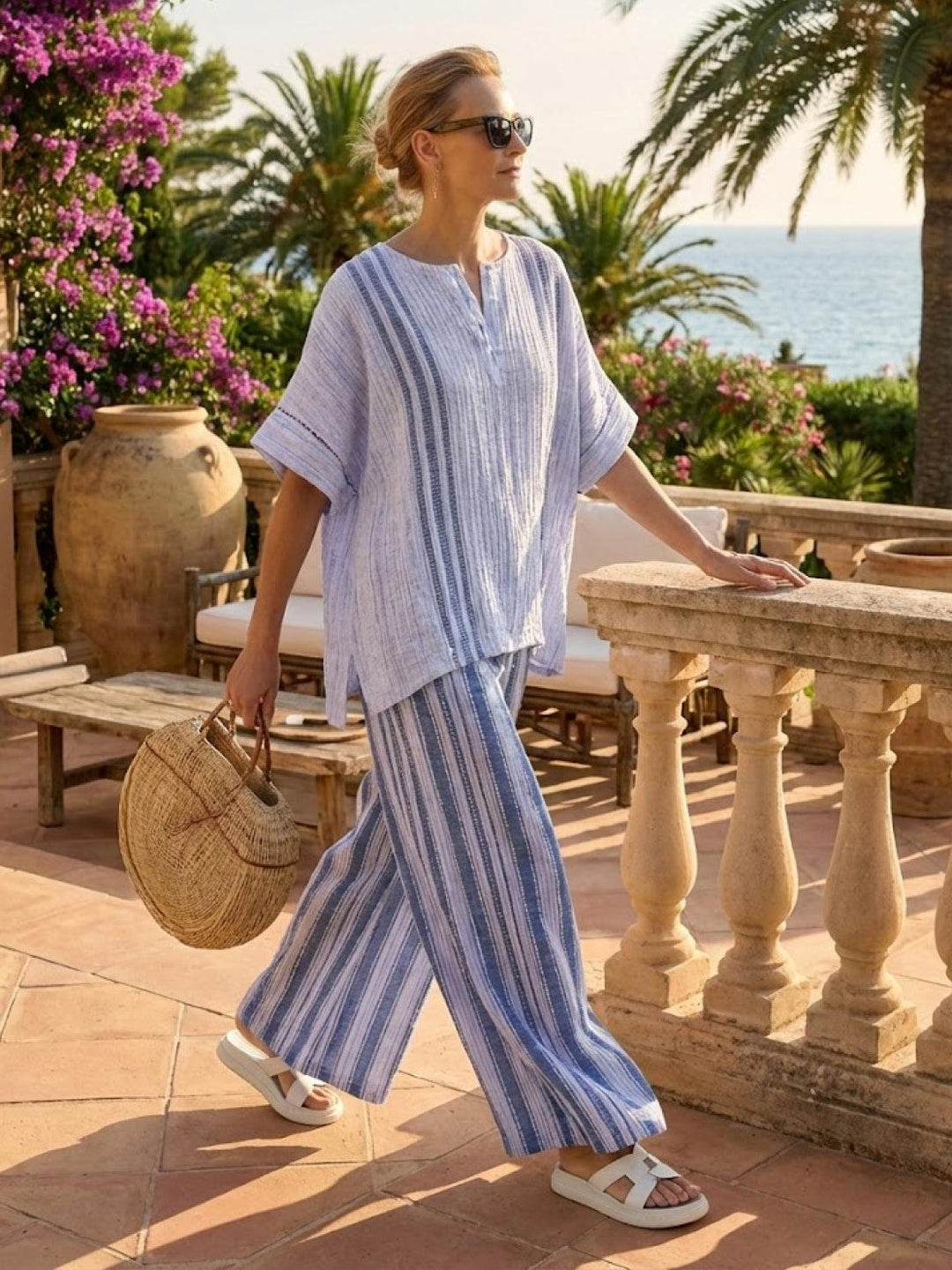 Alma | Women's Embroidered Two-Piece Set Wide Leg Pants Tunic Top