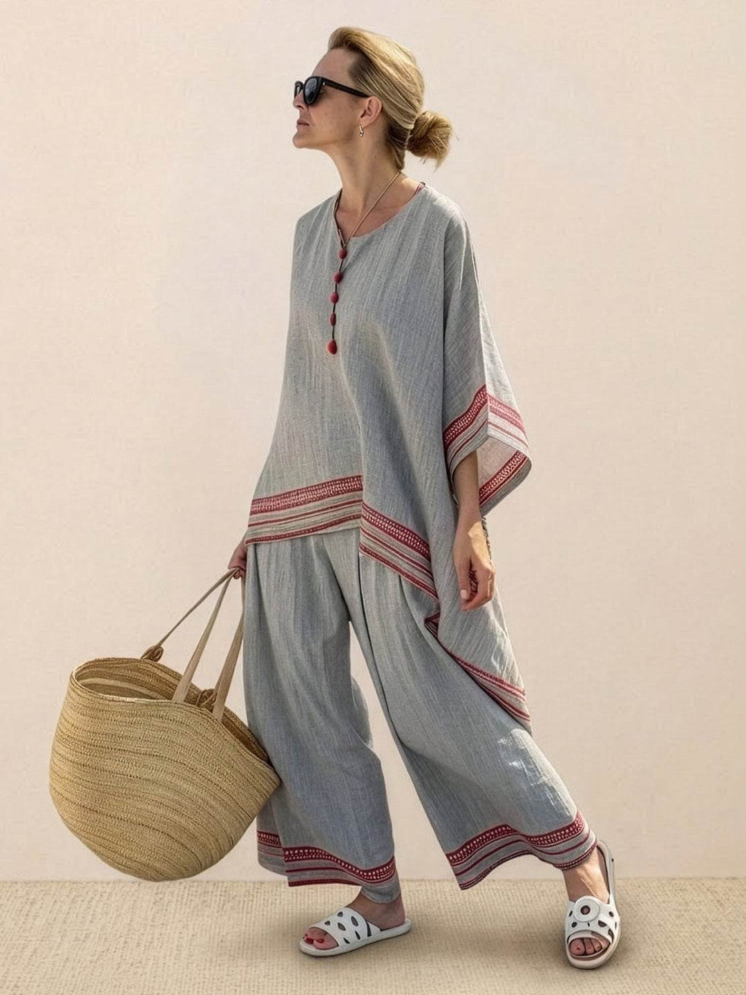 Alma | Women's Embroidered Two-Piece Set Wide Leg Pants Tunic Top