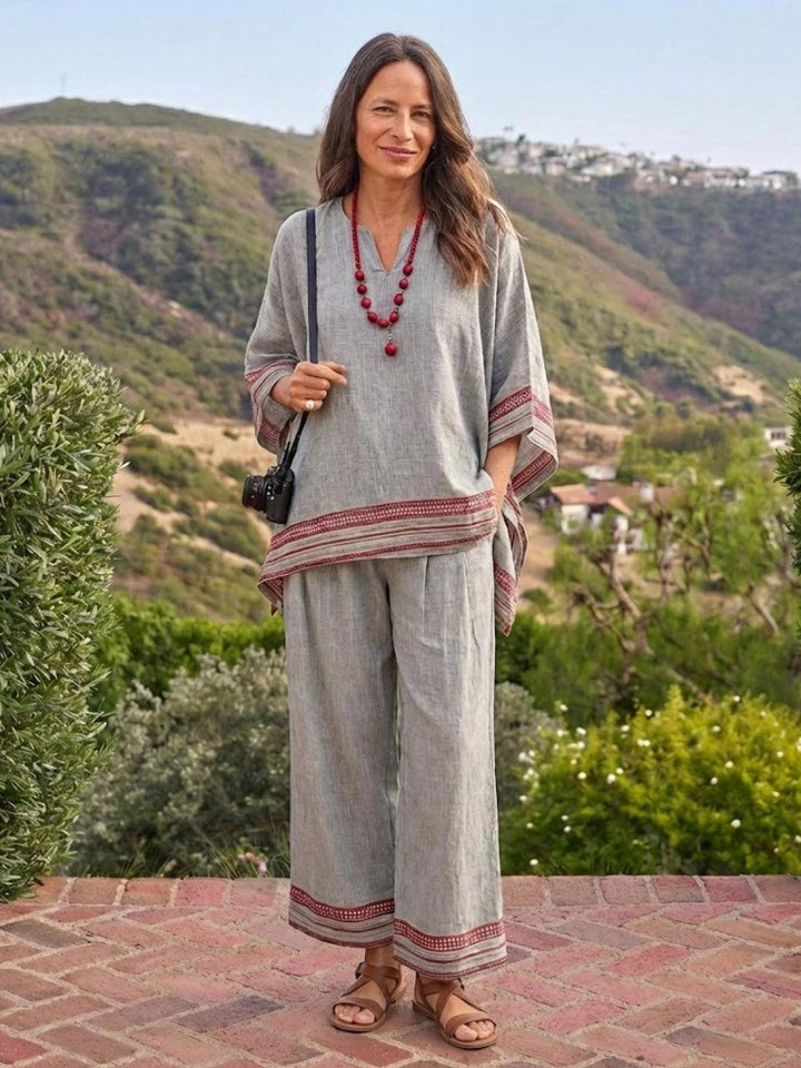 Alma | Women's Embroidered Two-Piece Set Wide Leg Pants Tunic Top