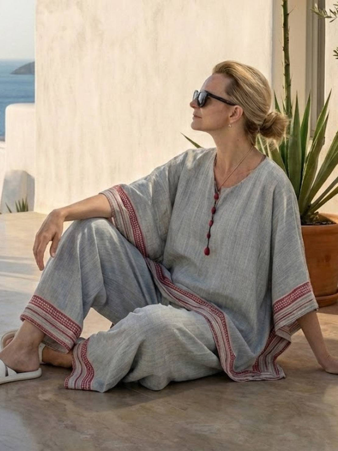 Alma | Women's Embroidered Two-Piece Set Wide Leg Pants Tunic Top