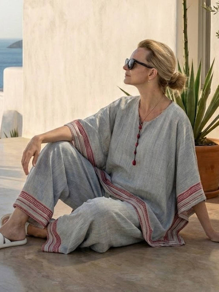 Alma | Women's Embroidered Two-Piece Set Wide Leg Pants Tunic Top