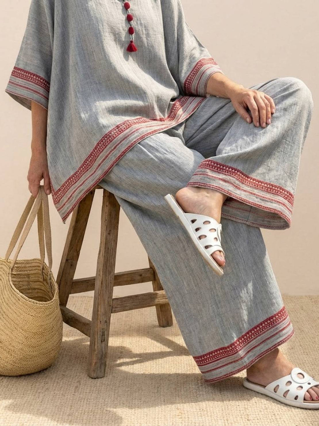 Alma | Women's Embroidered Two-Piece Set Wide Leg Pants Tunic Top