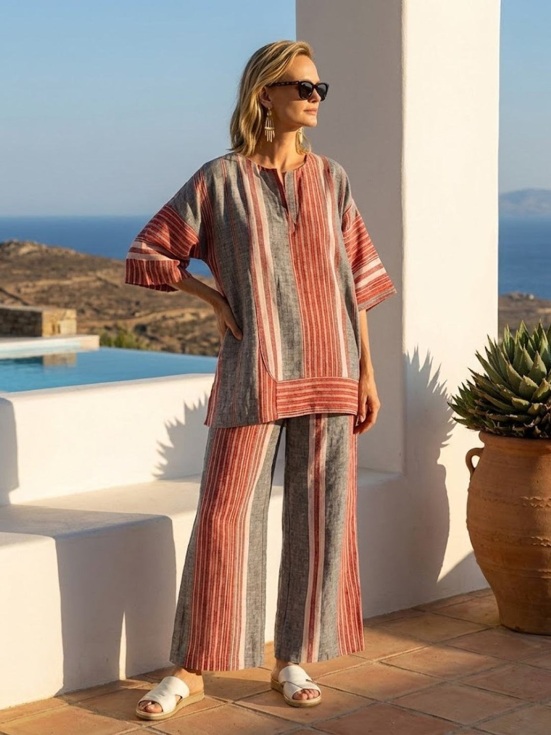 Alma | Women's Embroidered Two-Piece Set Wide Leg Pants Tunic Top