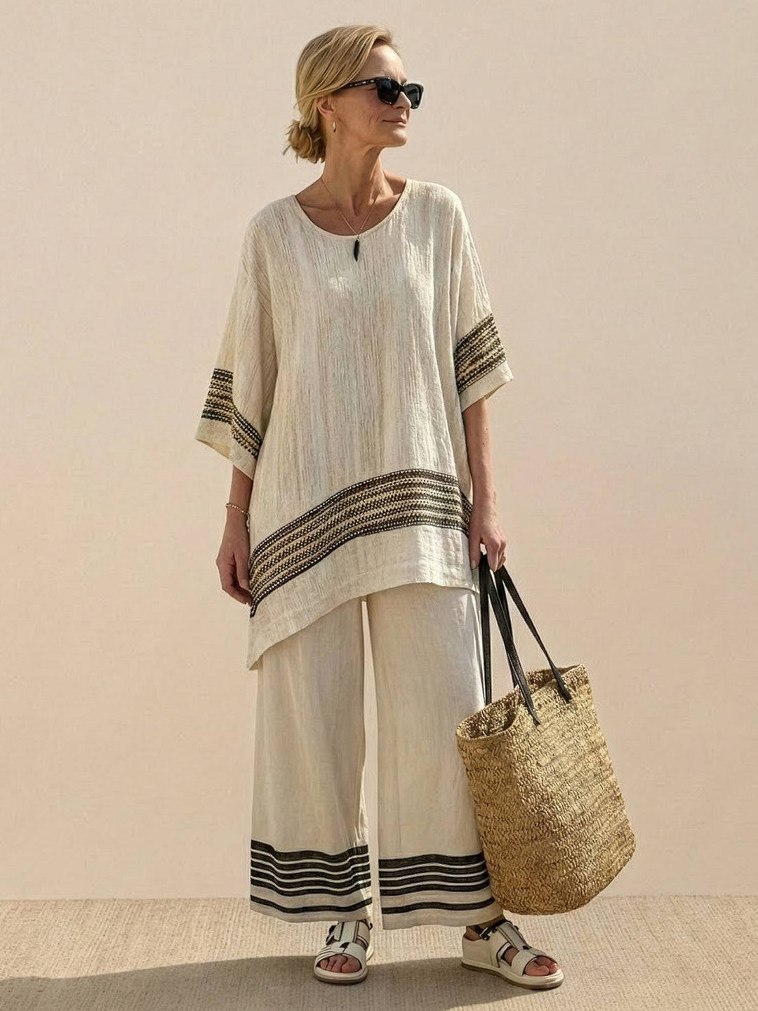 Alma | Women's Embroidered Two-Piece Set Wide Leg Pants Tunic Top