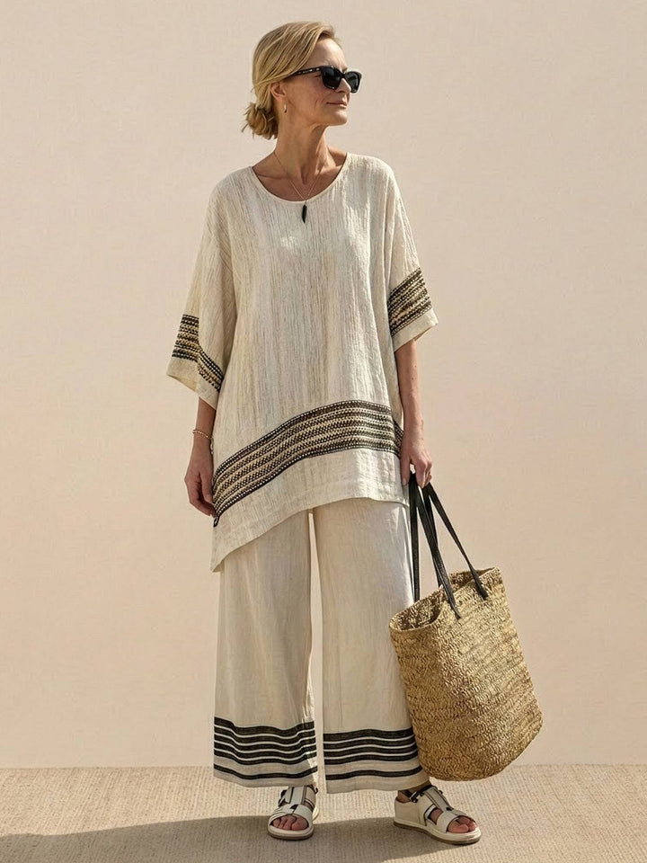 Alma | Women's Embroidered Two-Piece Set Wide Leg Pants Tunic Top