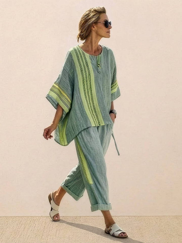 Alma | Women's Embroidered Two-Piece Set Wide Leg Pants Tunic Top