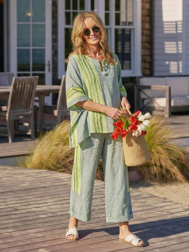 Alma | Women's Embroidered Two-Piece Set Wide Leg Pants Tunic Top