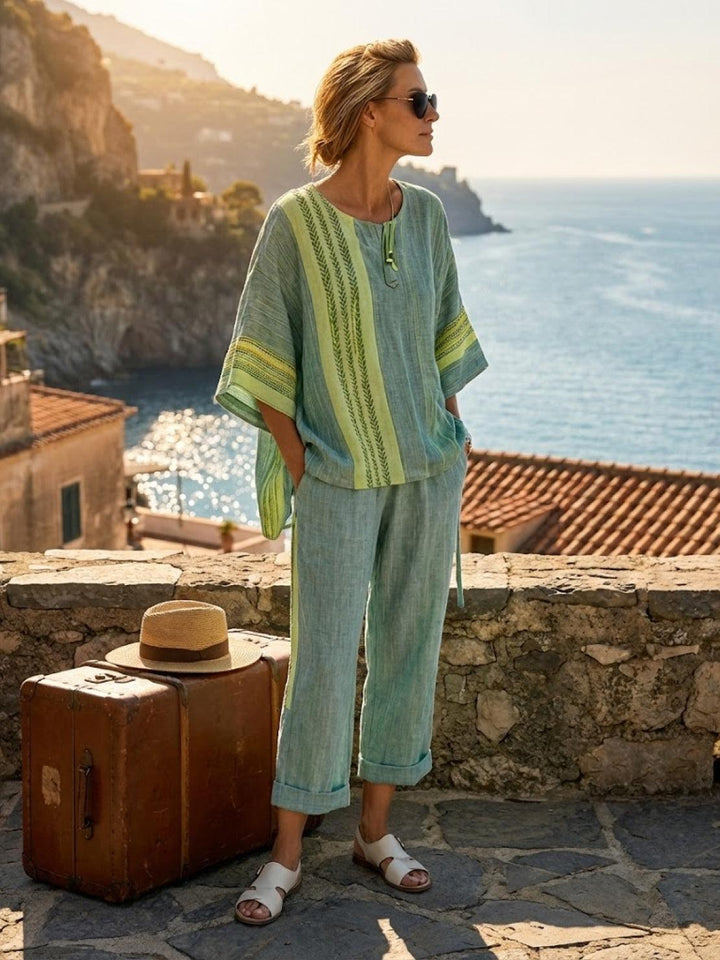 Alma | Women's Embroidered Two-Piece Set Wide Leg Pants Tunic Top