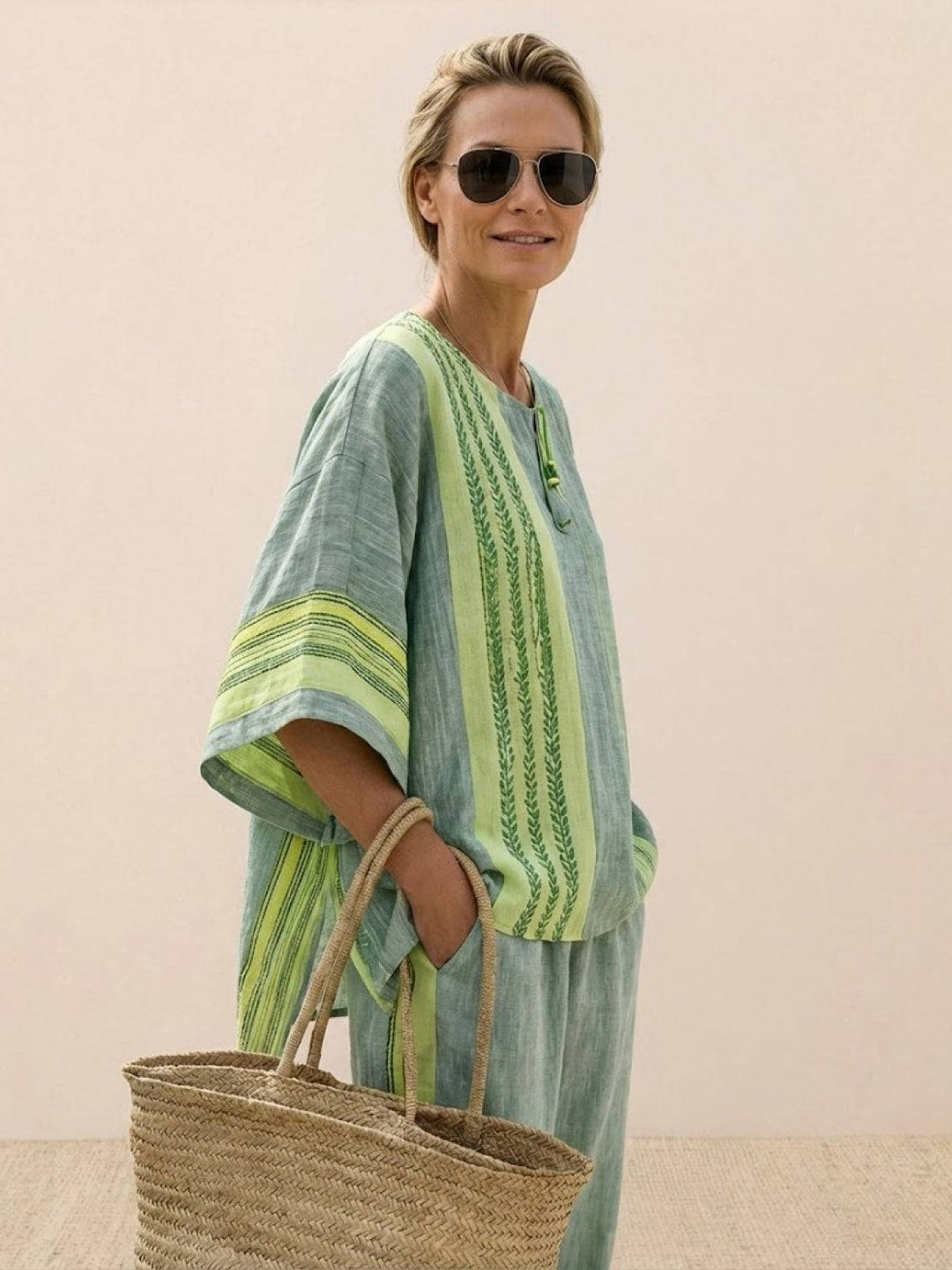 Alma | Women's Embroidered Two-Piece Set Wide Leg Pants Tunic Top