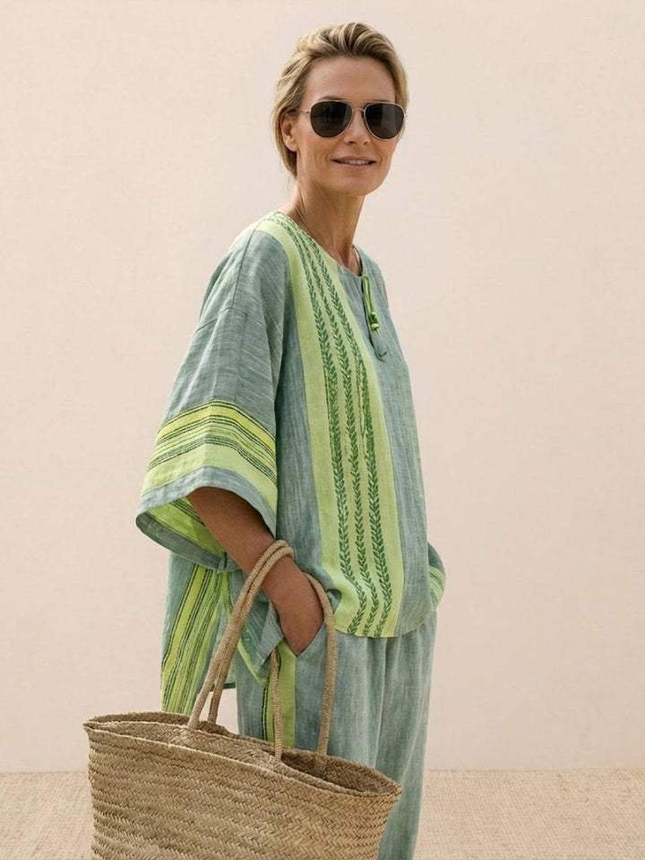 Alma | Women's Embroidered Two-Piece Set Wide Leg Pants Tunic Top