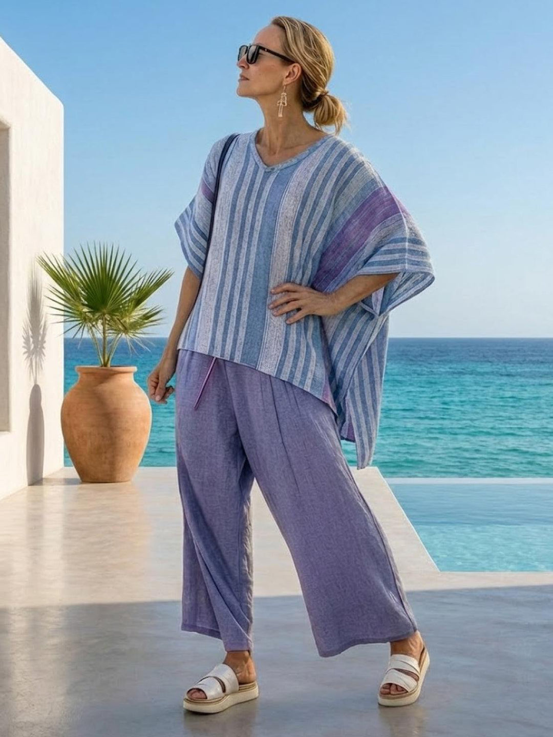 Alma | Women's Embroidered Two-Piece Set Wide Leg Pants Tunic Top