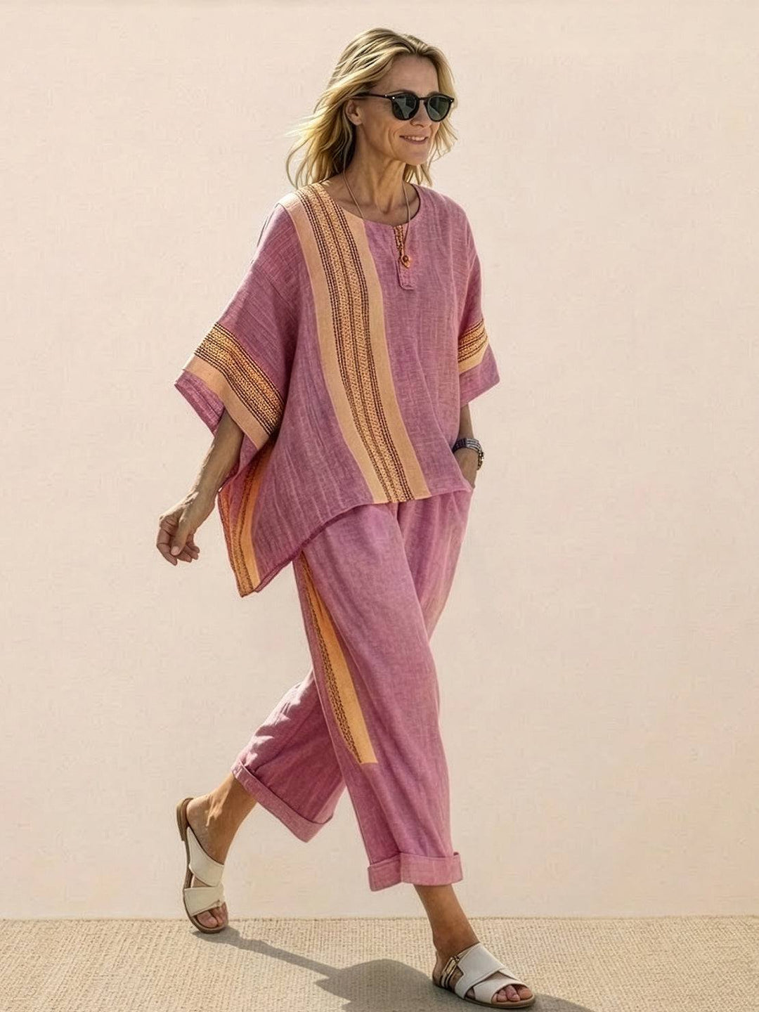 Alma | Women's Embroidered Two-Piece Set Wide Leg Pants Tunic Top