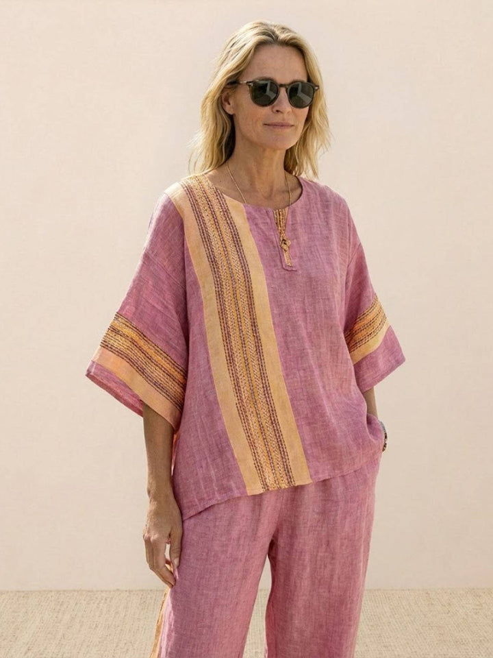 Alma | Women's Embroidered Two-Piece Set Wide Leg Pants Tunic Top