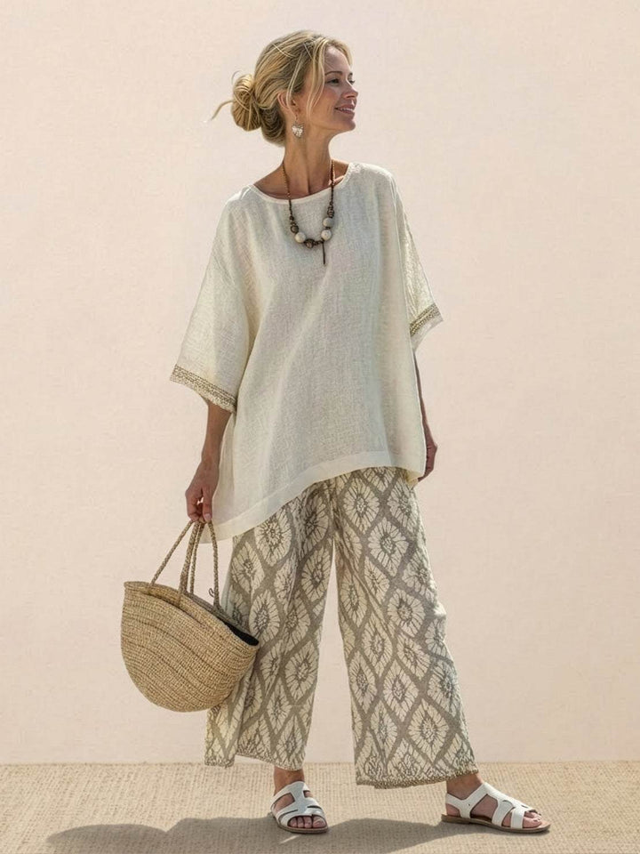 Alma | Women's Embroidered Two-Piece Set Wide Leg Pants Tunic Top