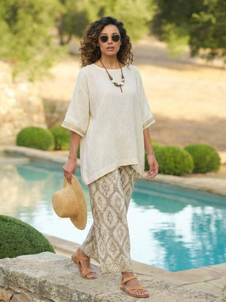Alma | Women's Embroidered Two-Piece Set Wide Leg Pants Tunic Top