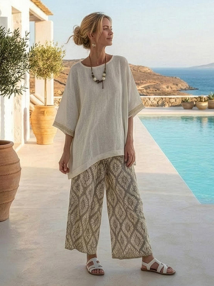 Alma | Women's Embroidered Two-Piece Set Wide Leg Pants Tunic Top
