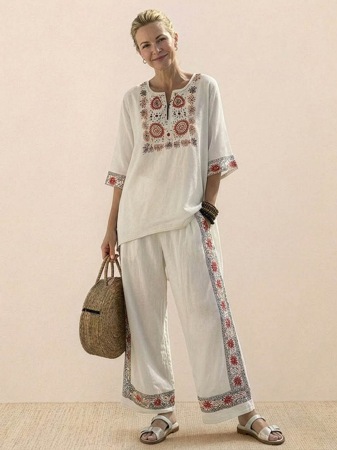 Alma | Women's Embroidered Two-Piece Set Wide Leg Pants Tunic Top