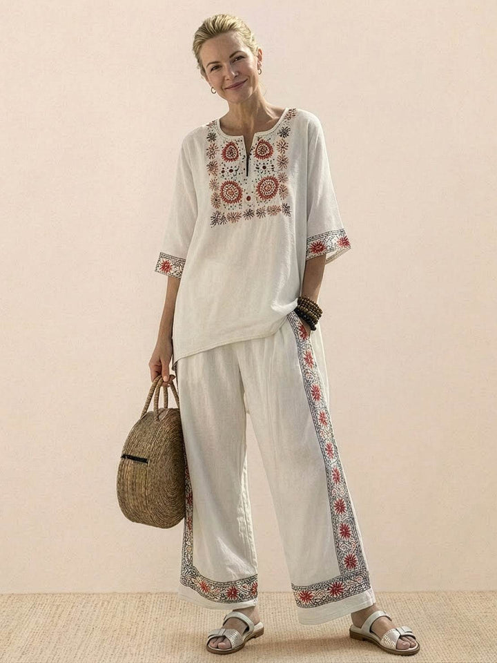 Alma | Women's Embroidered Two-Piece Set Wide Leg Pants Tunic Top