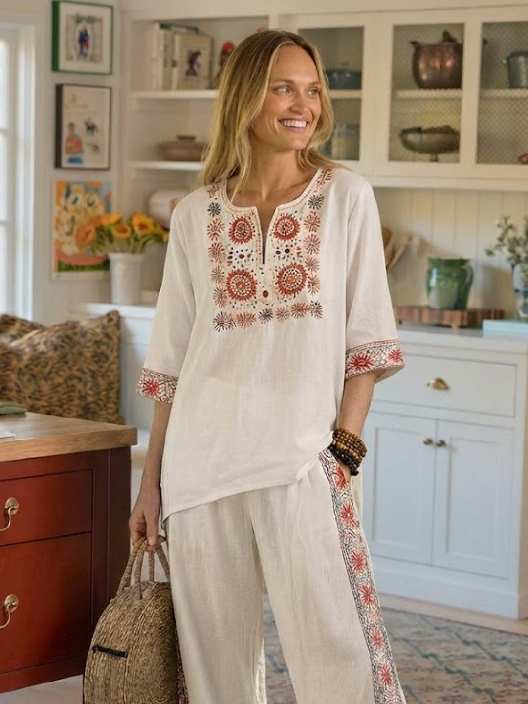 Alma | Women's Embroidered Two-Piece Set Wide Leg Pants Tunic Top