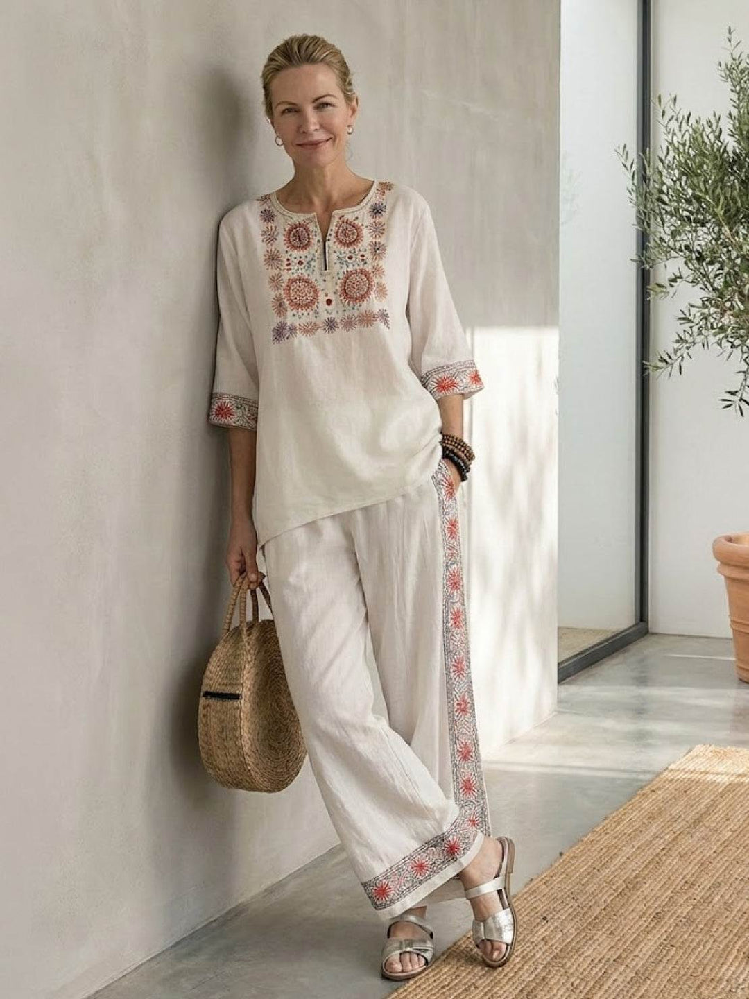 Alma | Women's Embroidered Two-Piece Set Wide Leg Pants Tunic Top