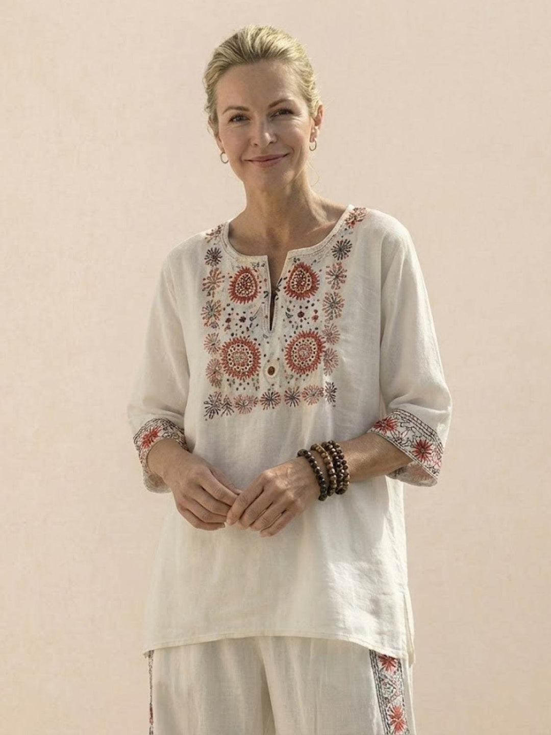 Alma | Women's Embroidered Two-Piece Set Wide Leg Pants Tunic Top