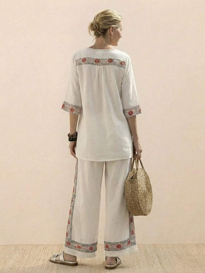 Alma | Women's Embroidered Two-Piece Set Wide Leg Pants Tunic Top