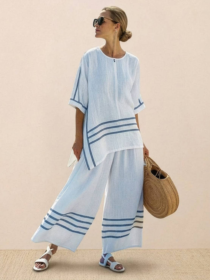Alma | Women's Embroidered Two-Piece Set Wide Leg Pants Tunic Top